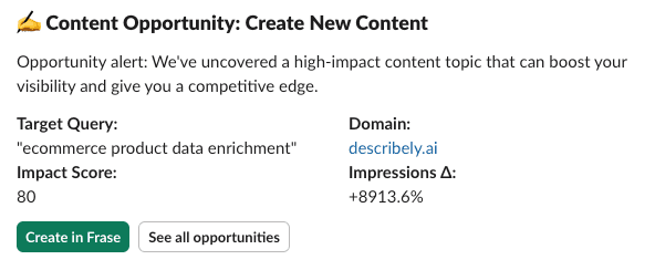 Content Opportunity card with megaphone icon, target query, domain, and action buttons