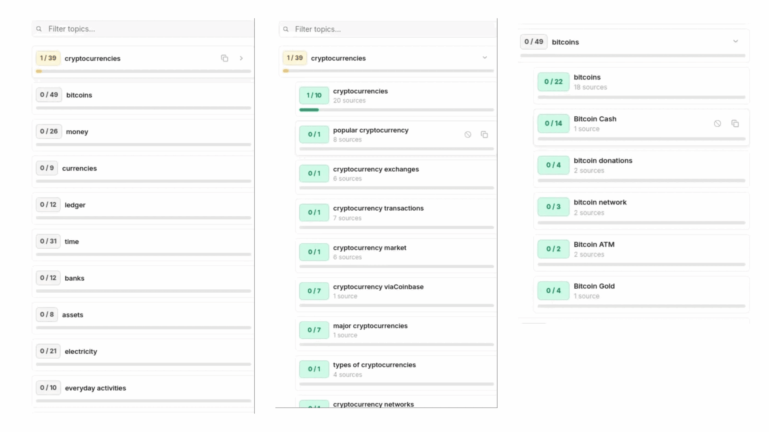 Product interface showing content analysis dashboard with topics and relevance scores