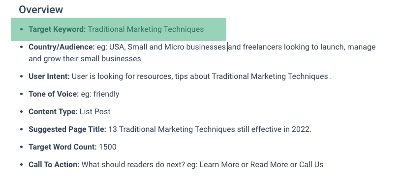 Content brief overview list with Target Keyword bullet highlighted in green