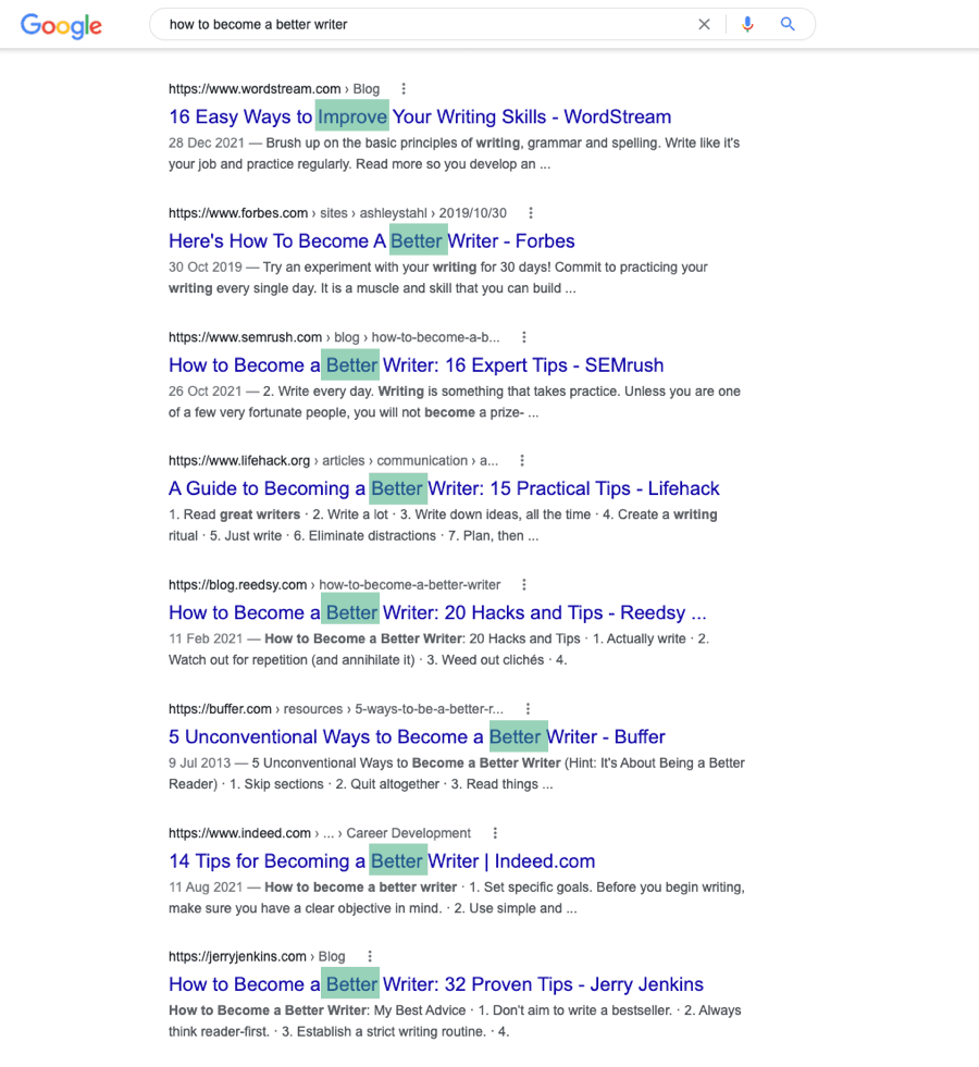 Google search results page for the query how to become a better writer