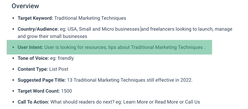 Content brief overview list with User Intent bullet highlighted in green