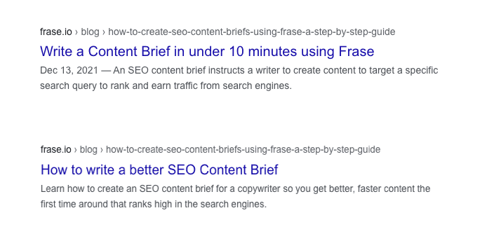 Search result snippet showing two Frase blog links about writing a content brief