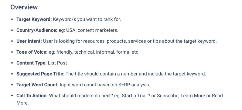 Content brief overview bullet list with no highlighted item