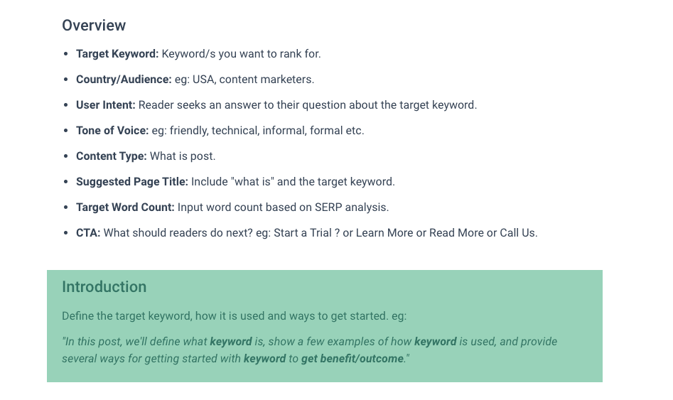 Content brief template overview list above a green-highlighted Introduction example