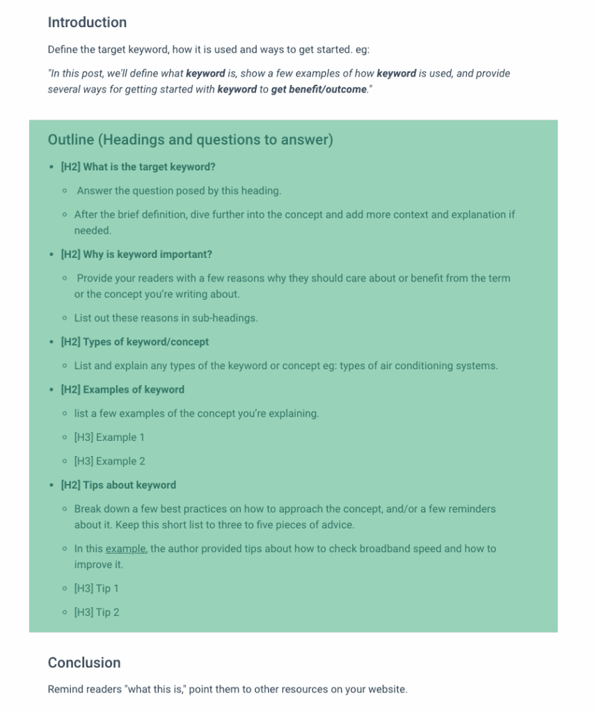 Introduction section above a green Outline section with example H2 and H3 headings