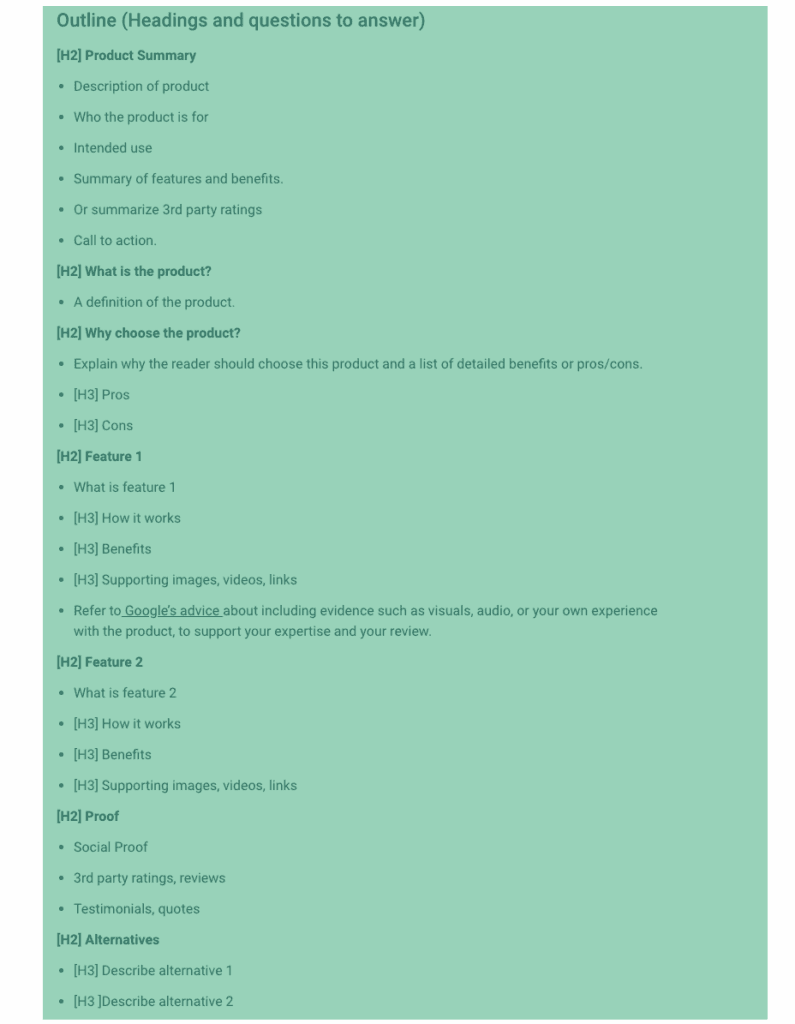 Green outline section listing H2 and H3 headings for a product review template