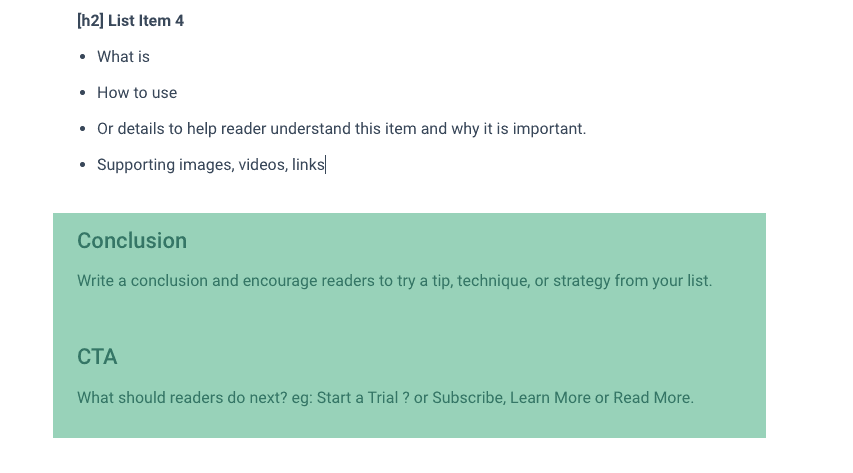 List item bullets above green-highlighted Conclusion and CTA sections