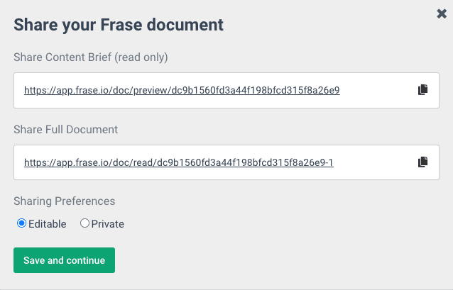 Share your Frase document modal with read-only and full-document links and sharing preferences