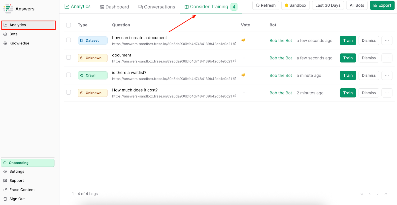 Frase Answers Consider Training interface showing visitor questions with Train and Dismiss buttons
