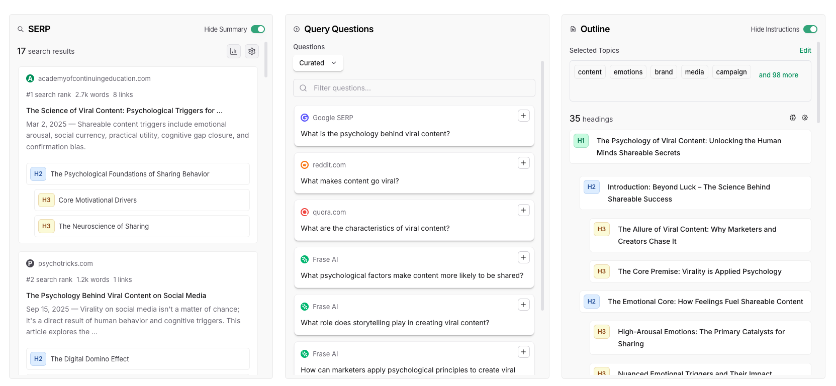 Frase research screen showing SERP results, query questions, and an outline panel for a keyword