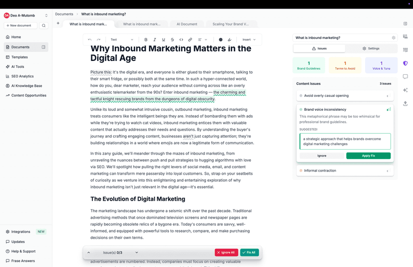 Frase monitoring interface showing governance and brand voice