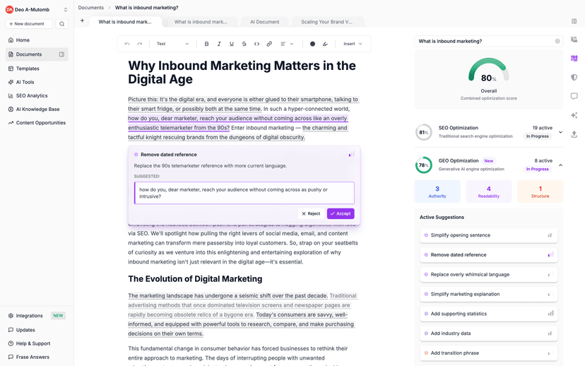 Frase writing interface with real-time optimization